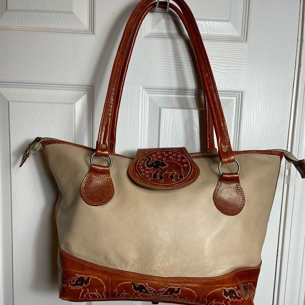 Beauty from Ashes leather shoulder bag made in SirLanka khaki & Tan tool prints